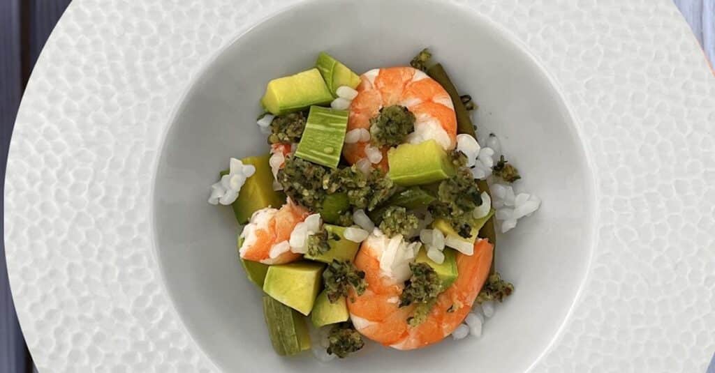 Salade de riz vert aux gambas au Thermomix : Saveurs exotiques